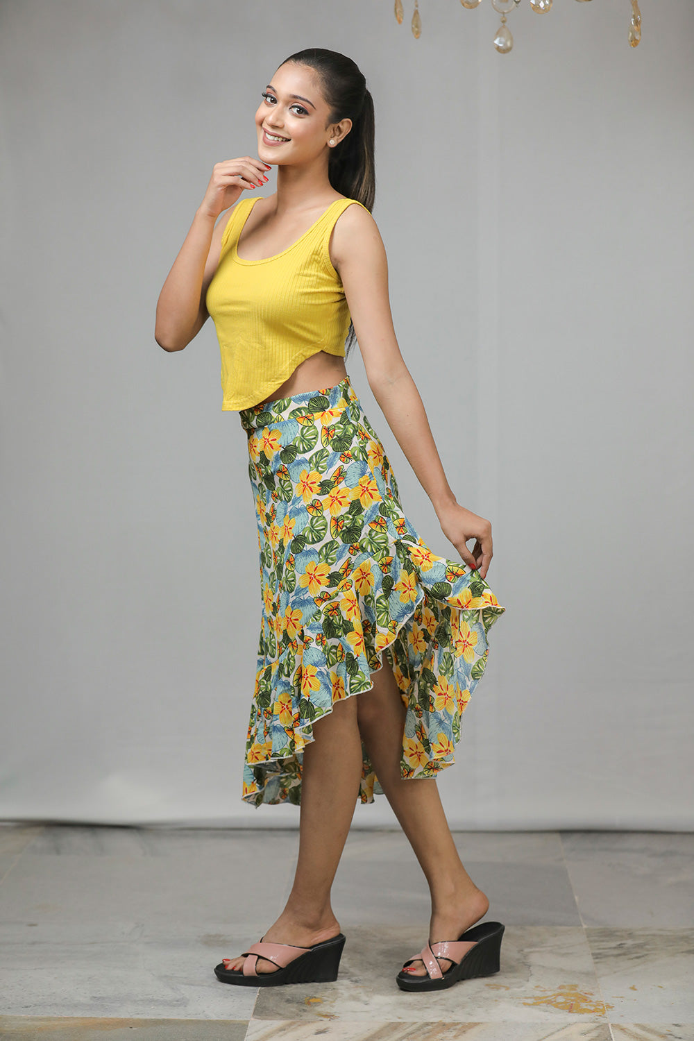 Off-White Yellow Floral Frill Short Skirt – Playful, Feminine, and Stylish