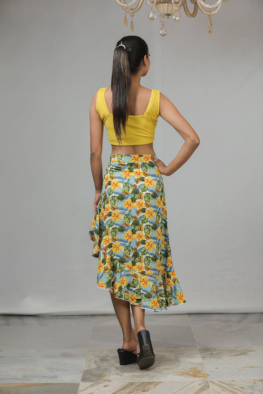 Off-White Yellow Floral Frill Short Skirt – Playful, Feminine, and Stylish