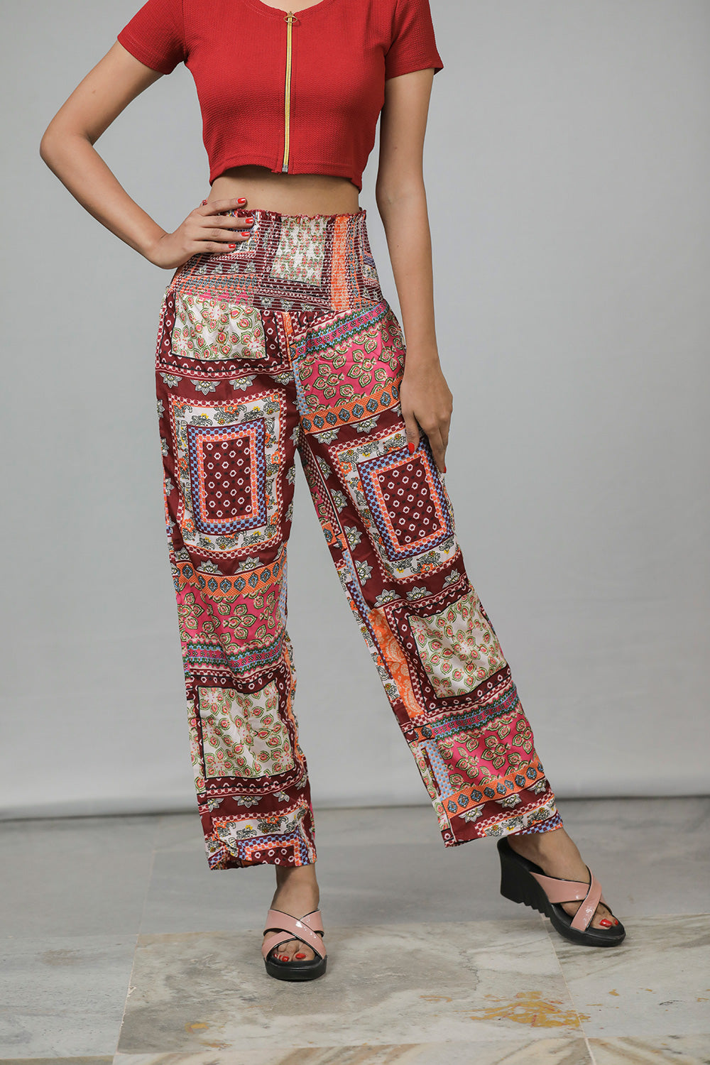 Maroon Polyester Boho Print Loose Fit Trousers – Effortless Style with Bohemian Flair