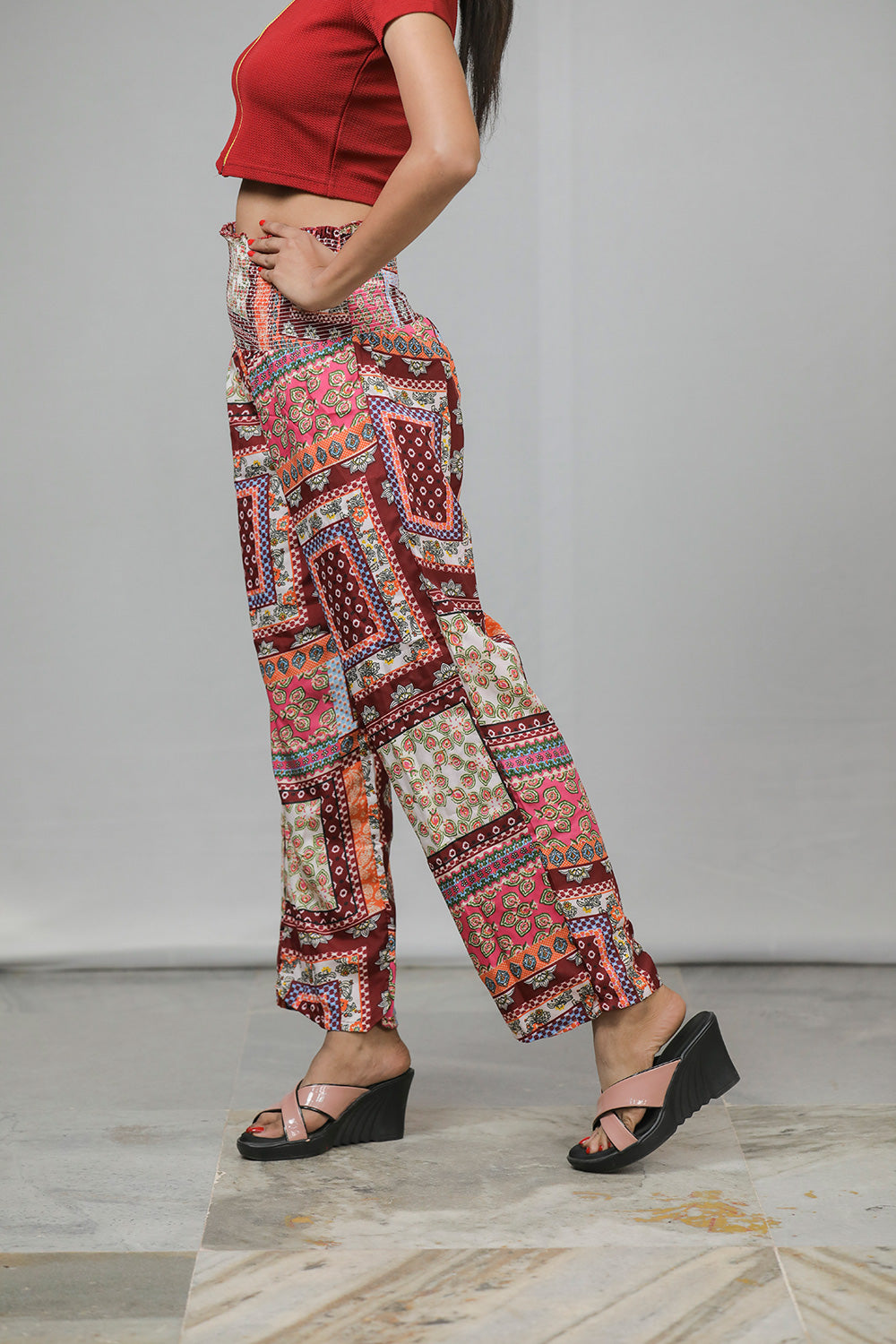 Maroon Polyester Boho Print Loose Fit Trousers – Effortless Style with Bohemian Flair