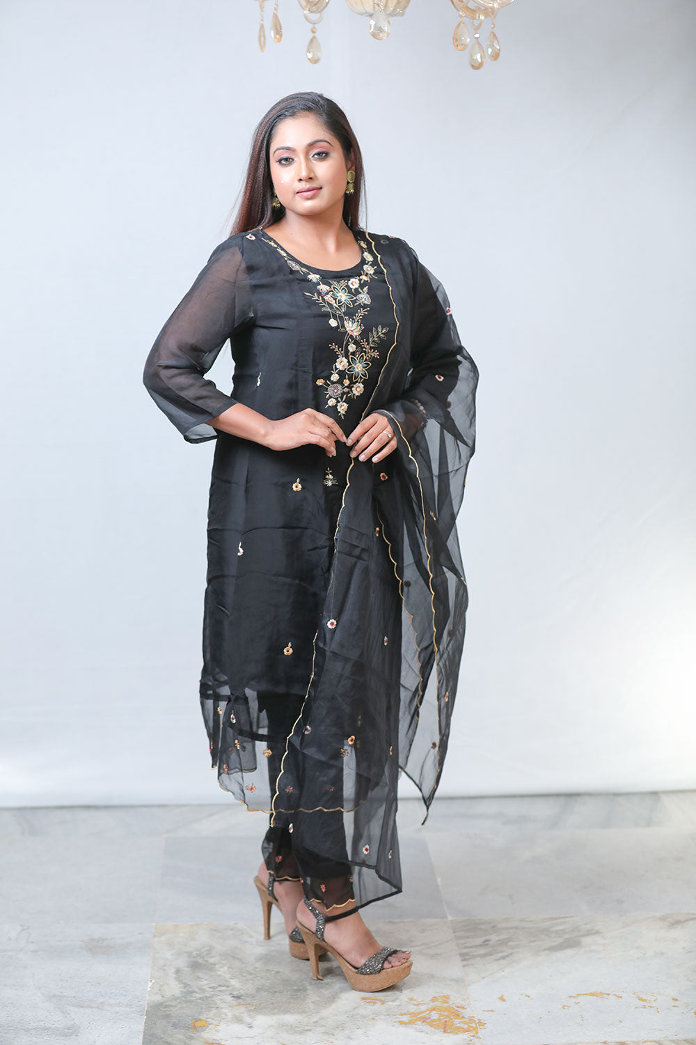 Stunning Women’s Pure Organza Hand Work Black Set with Dupatta