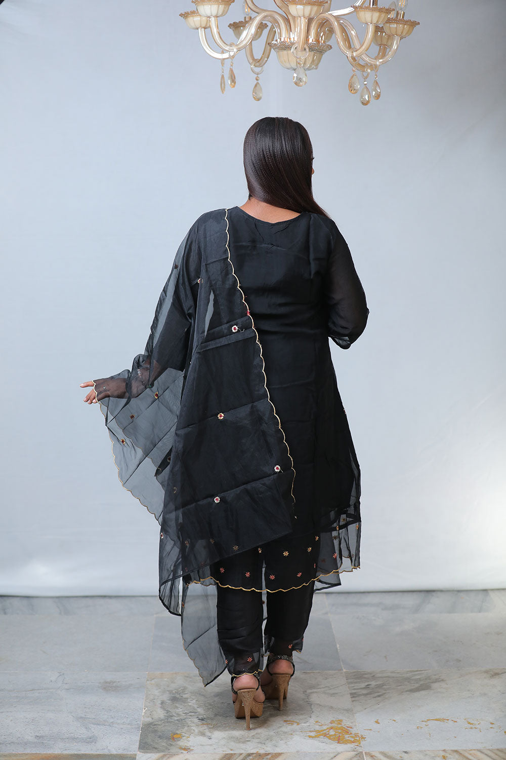 Stunning Women’s Pure Organza Hand Work Black Set with Dupatta