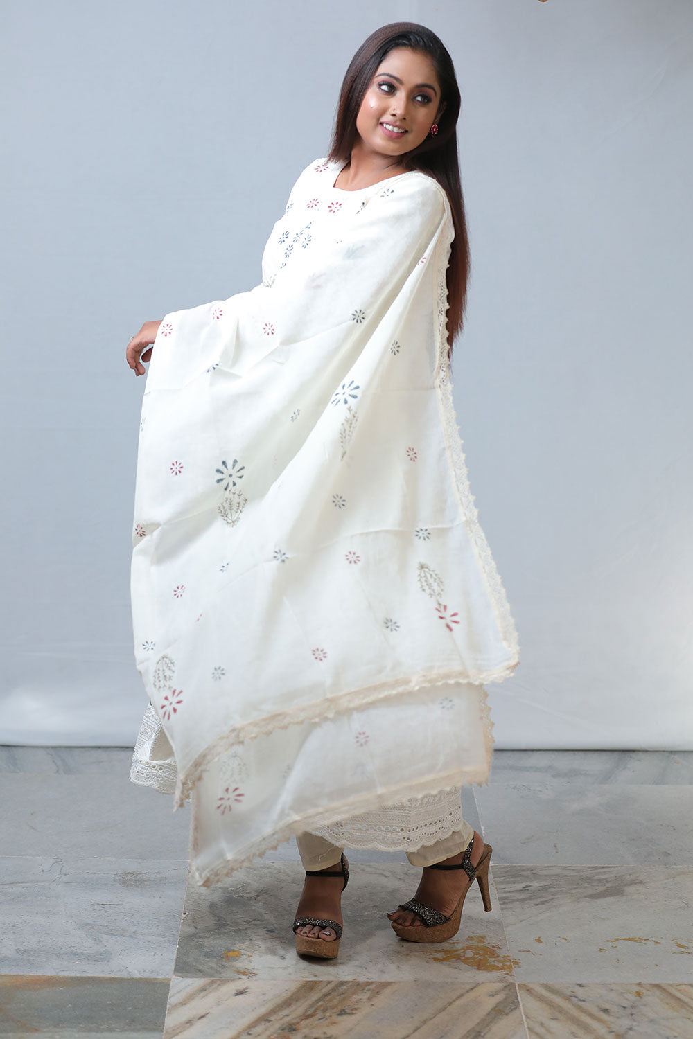 Graceful Women’s White Chikankari Fabric & Block Printed Suit Set