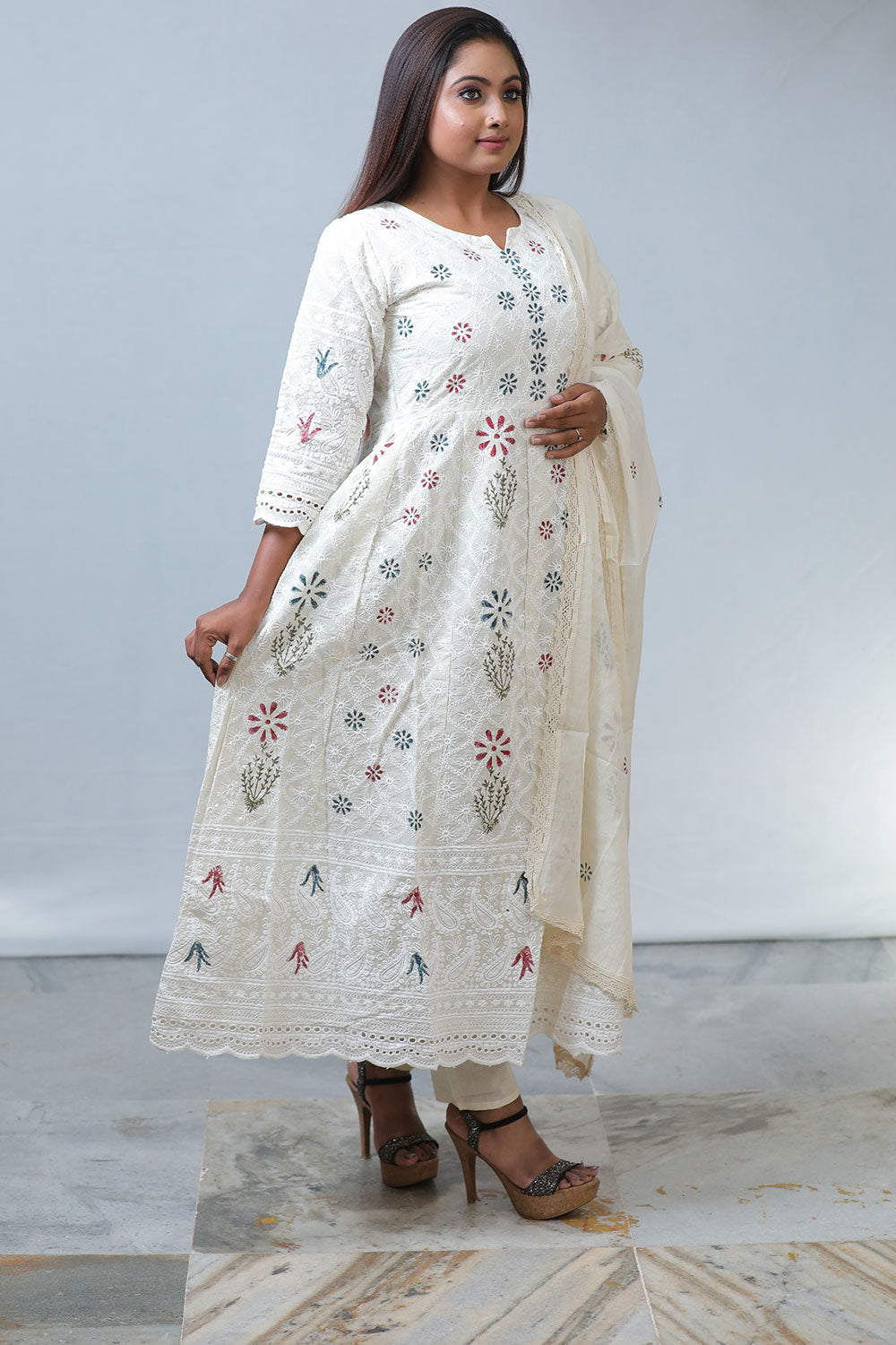 Graceful Women’s White Chikankari Fabric & Block Printed Suit Set