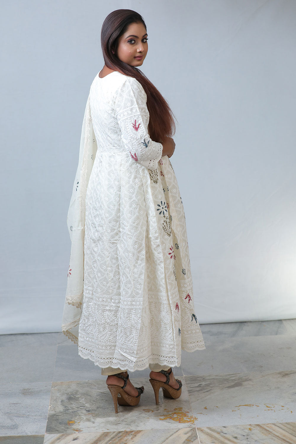 Graceful Women’s White Chikankari Fabric & Block Printed Suit Set