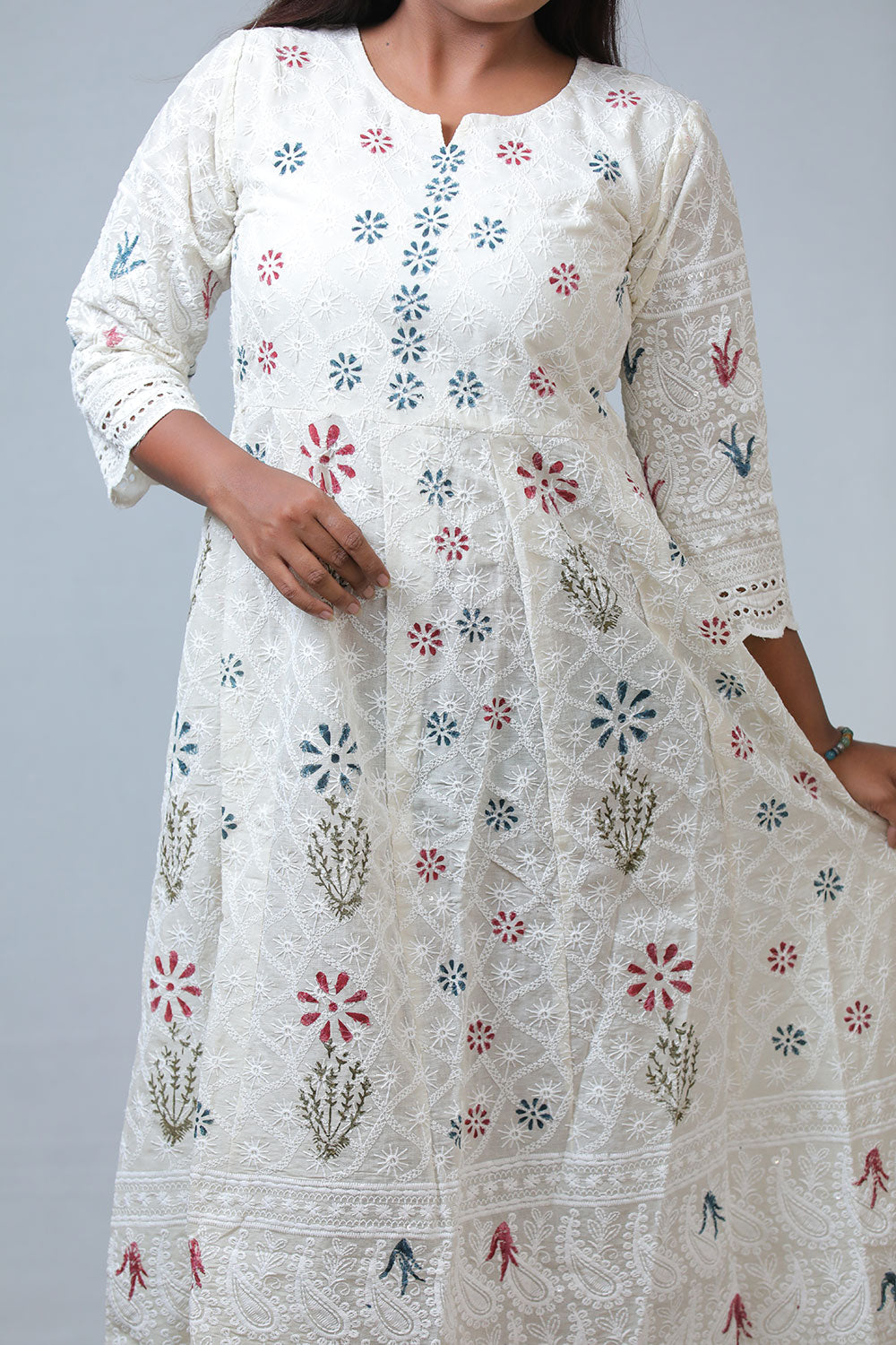 Graceful Women’s White Chikankari Fabric & Block Printed Suit Set