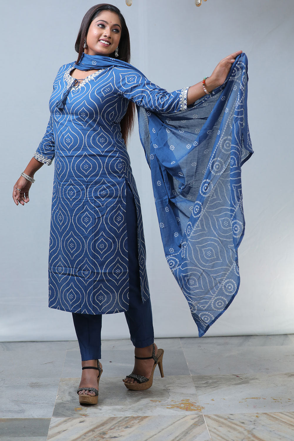 Elegant Blue Bandhej Print Cotton Zari Work 3-Piece Set