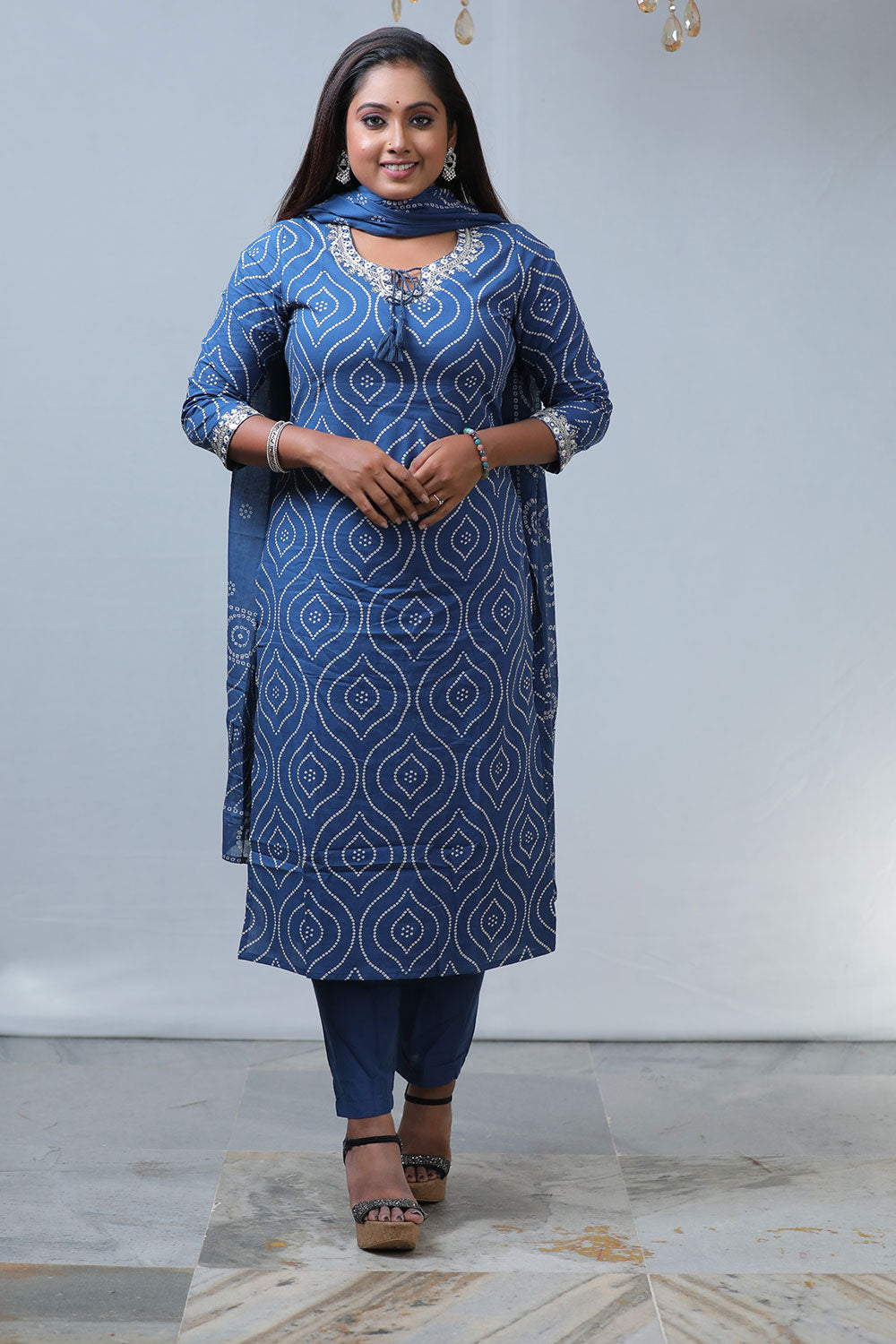 Elegant Blue Bandhej Print Cotton Zari Work 3-Piece Set