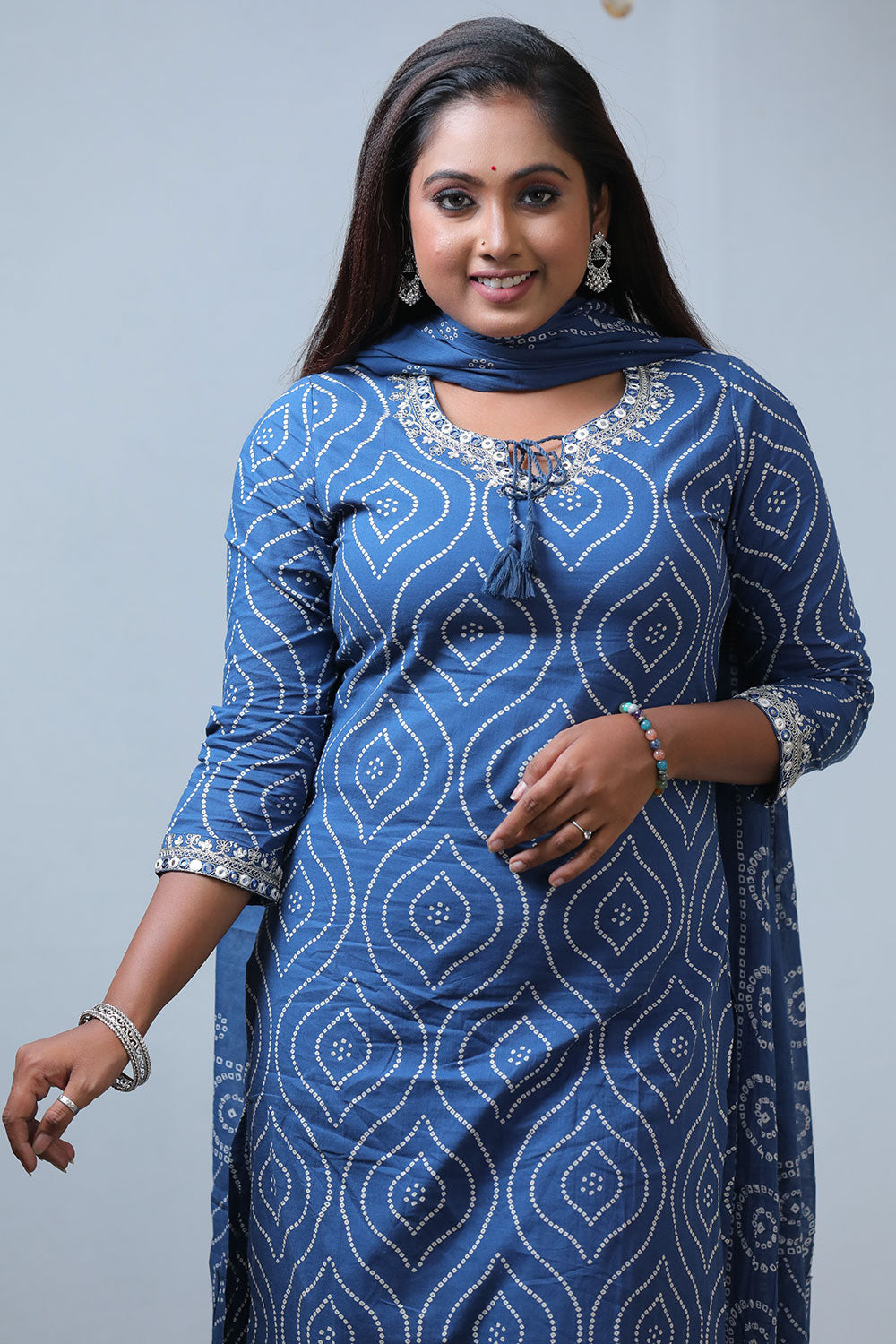 Elegant Blue Bandhej Print Cotton Zari Work 3-Piece Set