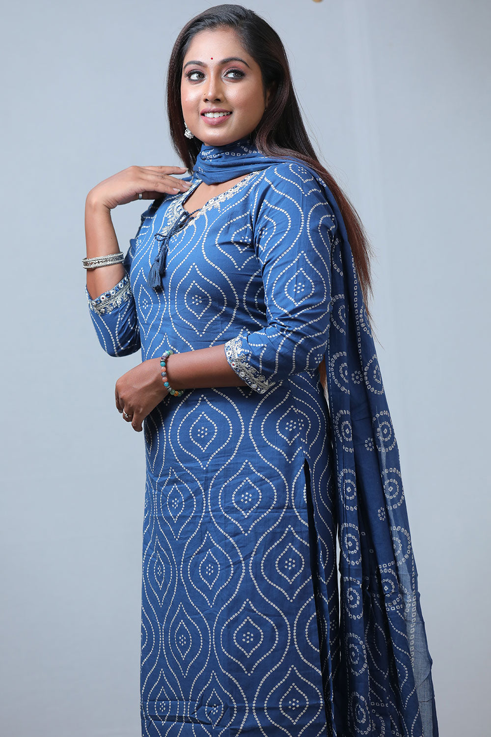 Elegant Blue Bandhej Print Cotton Zari Work 3-Piece Set