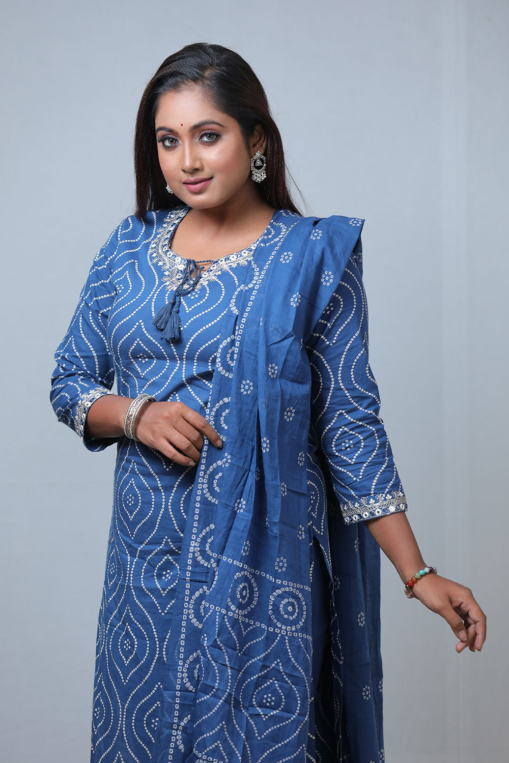 Elegant Blue Bandhej Print Cotton Zari Work 3-Piece Set