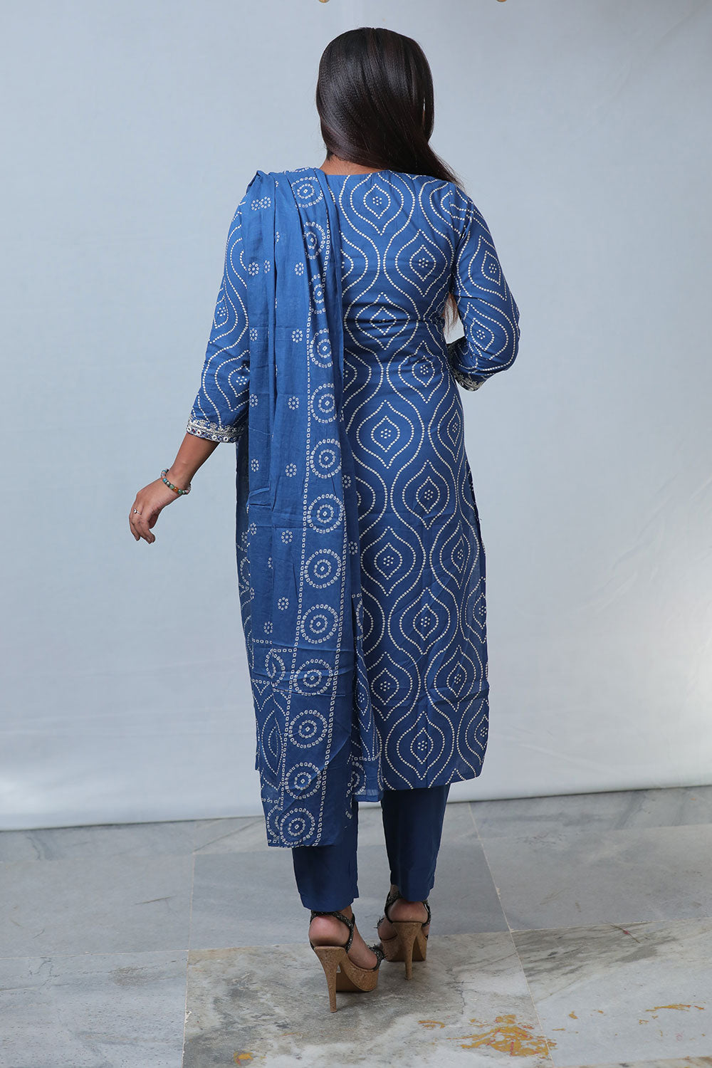 Elegant Blue Bandhej Print Cotton Zari Work 3-Piece Set