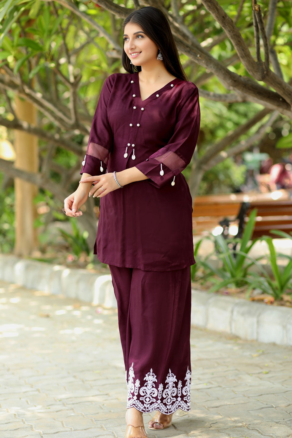 Elegant Women’s Maroon Rayon Hand Work Co-Ord Set