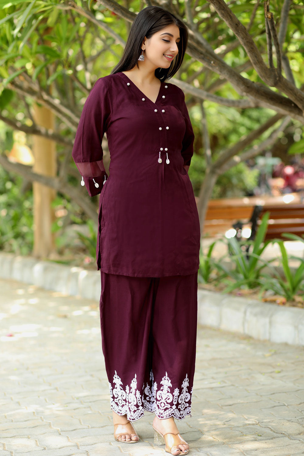 Elegant Women’s Maroon Rayon Hand Work Co-Ord Set