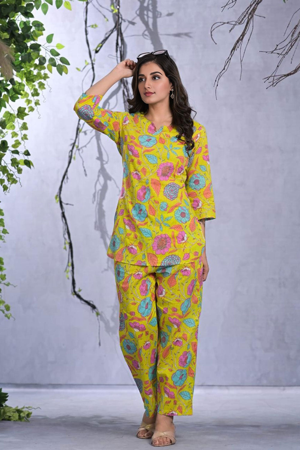 Women Pure Cotton Lemon Yellow Printed Two Piece Co-Ord Set