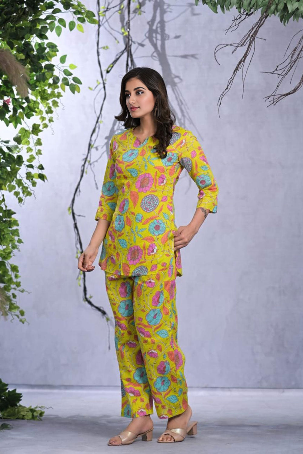 Women Pure Cotton Lemon Yellow Printed Two Piece Co-Ord Set