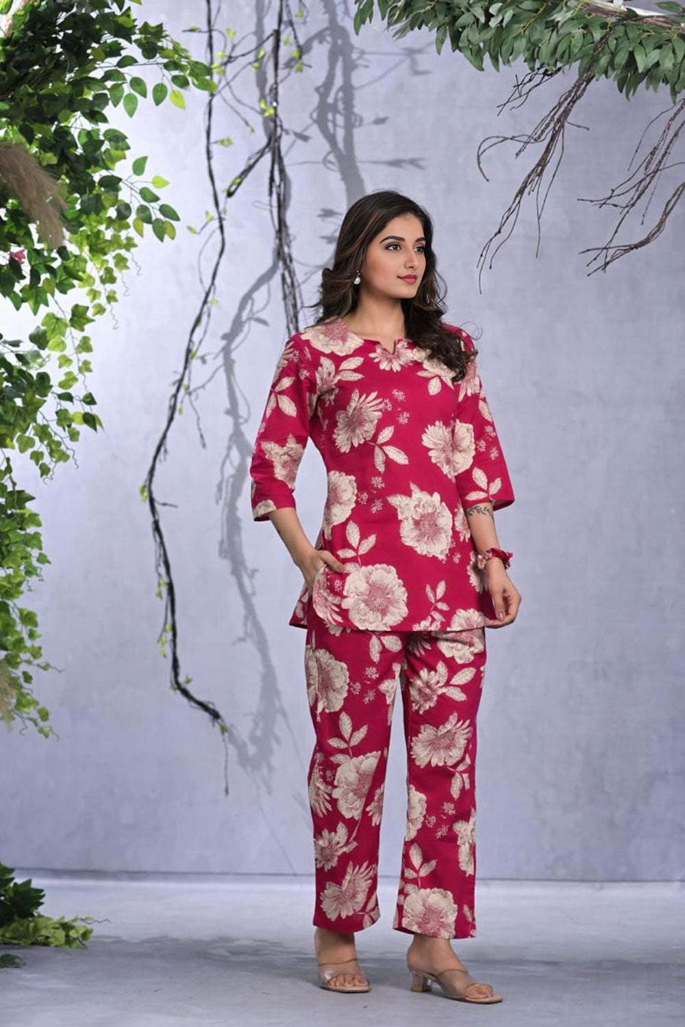 Women Pure Cotton Cherry Red Color Flower Printed Two Piece Co-Ord Set