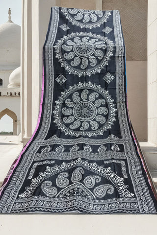 Beautiful black Color And White Nakusha Printed Block Printed Pure Murshidabad Silk Saree With Blouse Piece