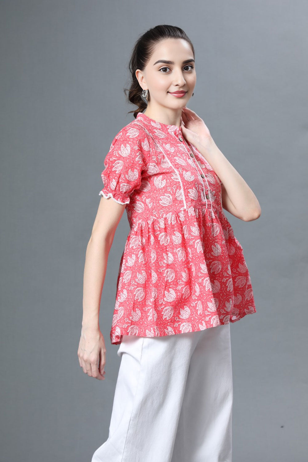 Trendy Women’s Pure Cotton Puff Sleeve Pink Top