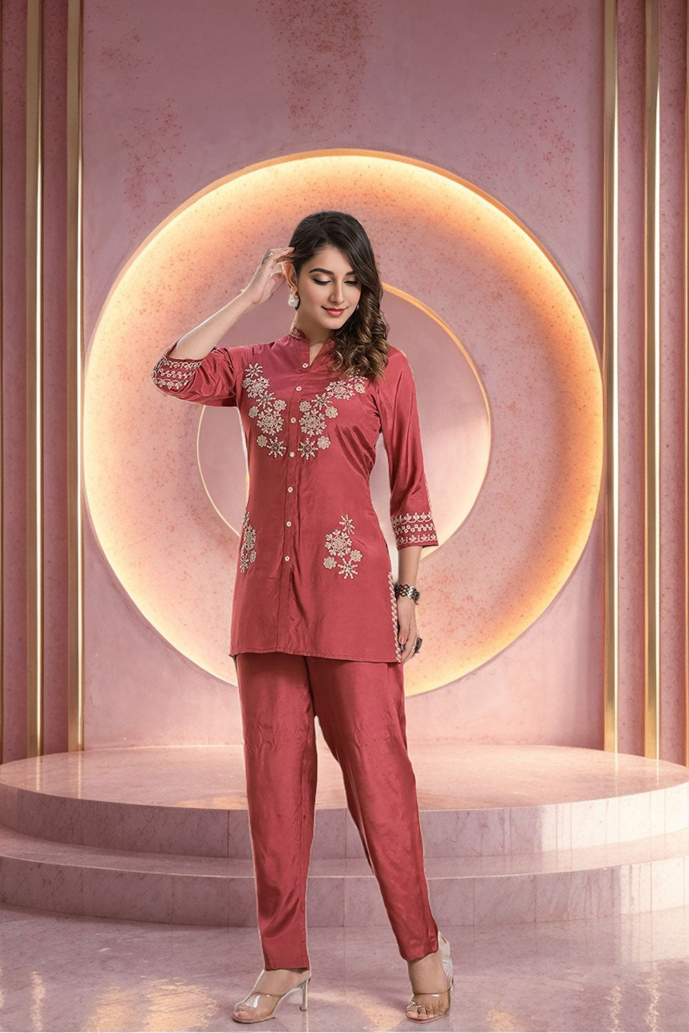 Women Maroon color Heavy Hand Work Silk blended Co-Ord Set