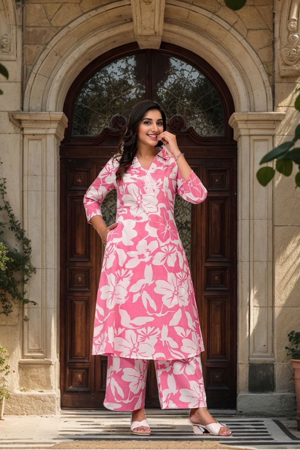 A-Line Kurti Cotton Hand Work Collar Neck Wide Pink Printed Palazzo Set