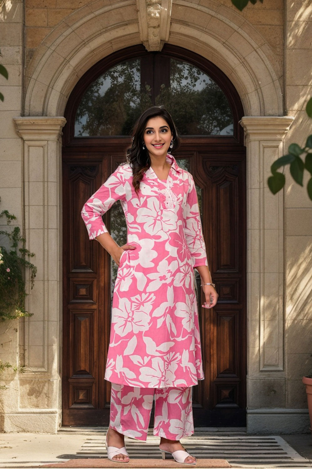 A-Line Kurti Cotton Hand Work Collar Neck Wide Pink Printed Palazzo Set