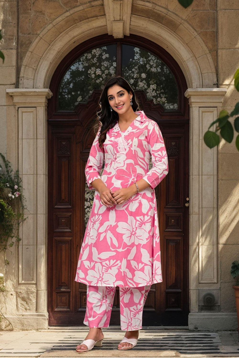 A-Line Kurti Cotton Hand Work Collar Neck Wide Pink Printed Palazzo Set