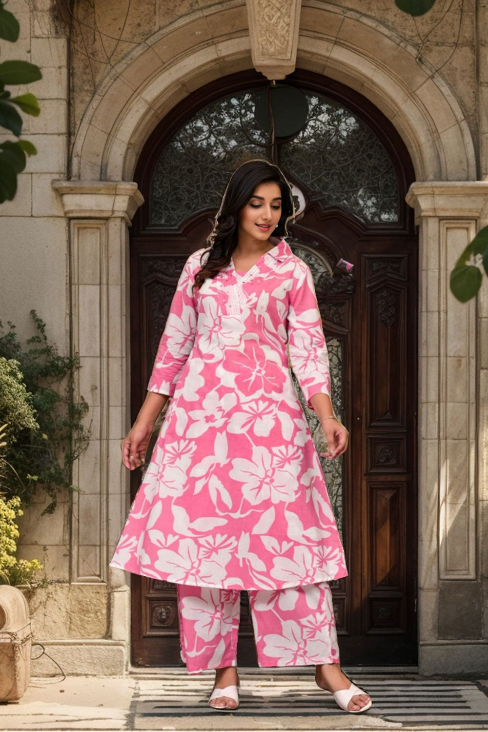 A-Line Kurti Cotton Hand Work Collar Neck Wide Pink Printed Palazzo Set