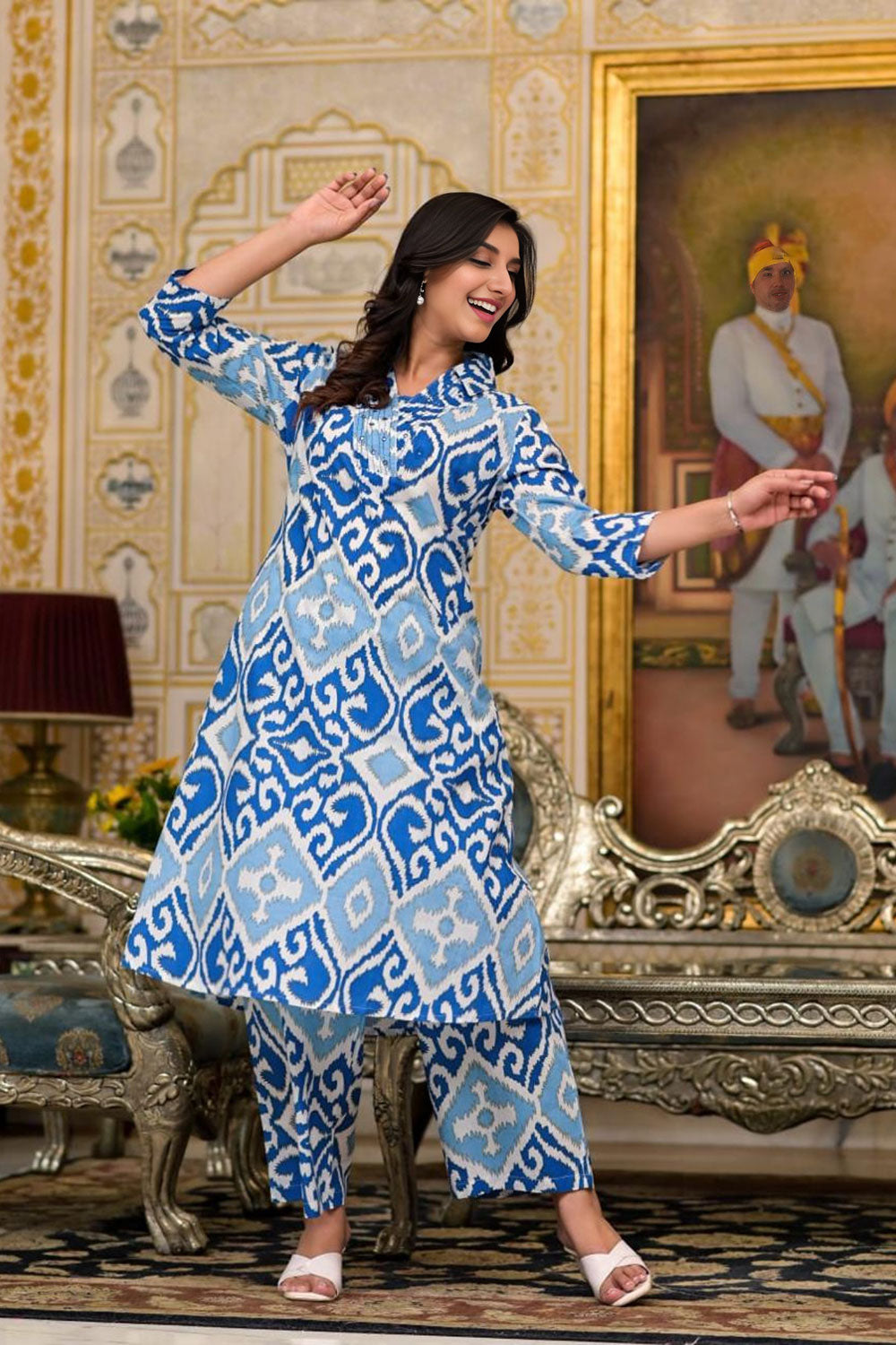 A-Line Kurti Cotton Hand Work Collar Neck Wide Blue Printed Palazzo Set