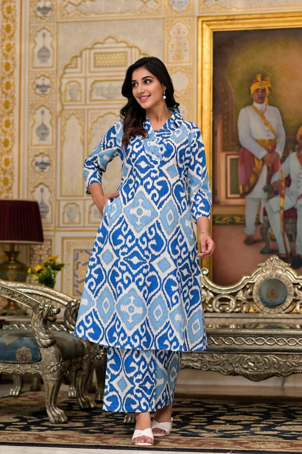 A-Line Kurti Cotton Hand Work Collar Neck Wide Blue Printed Palazzo Set