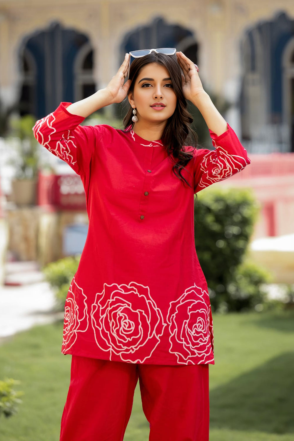 Women’s Beautiful Pure Cotton Floral Motif Red Co-Ord Set