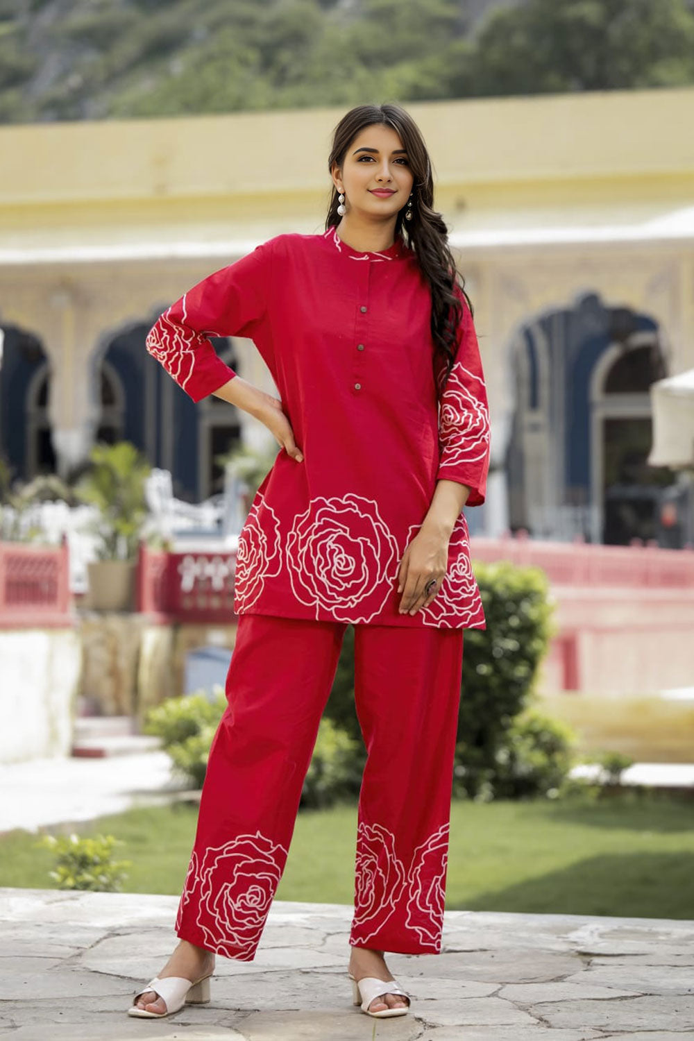 Women’s Beautiful Pure Cotton Floral Motif Red Co-Ord Set