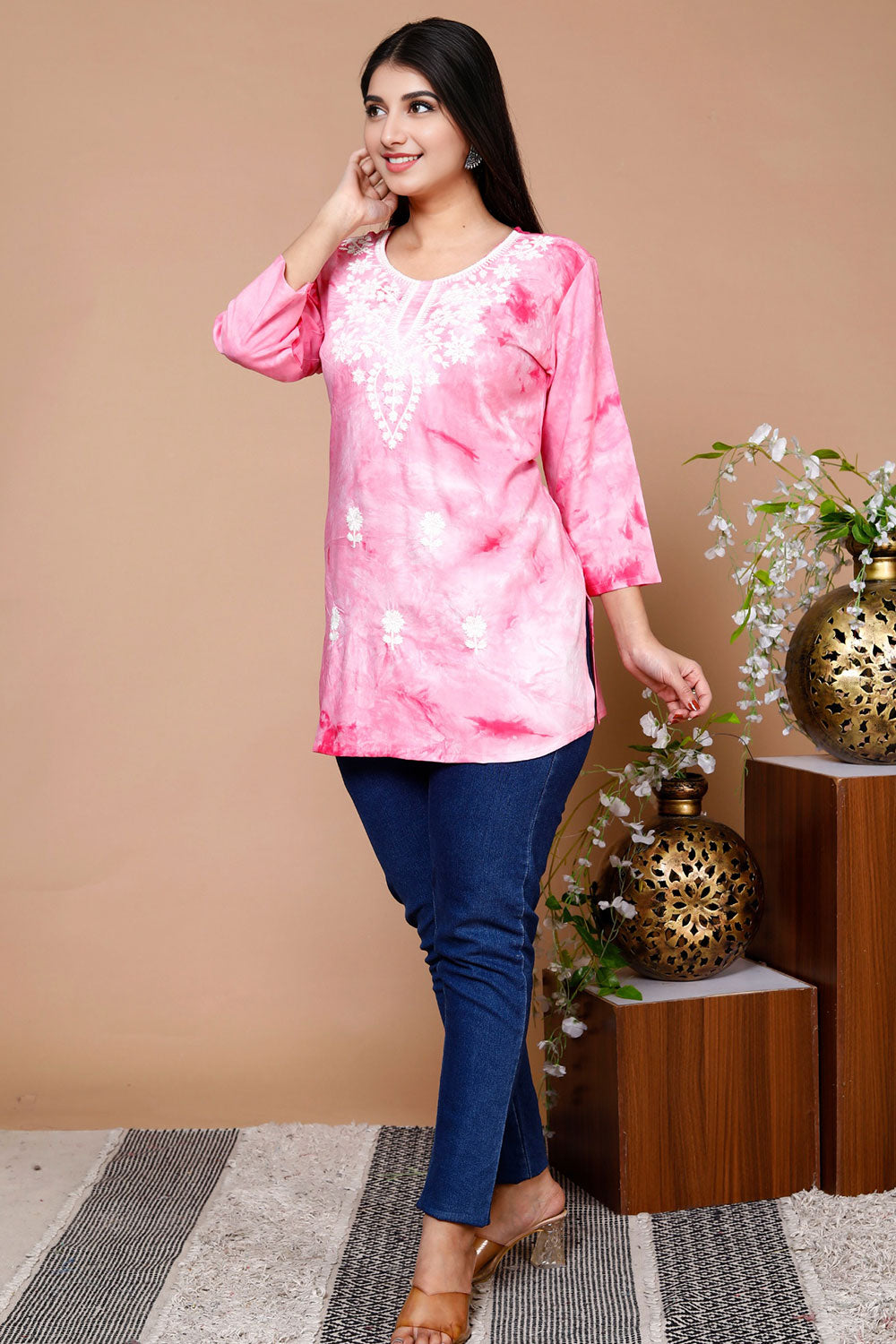 Stylish Women’s Pink Rayon Embroidered Short Top